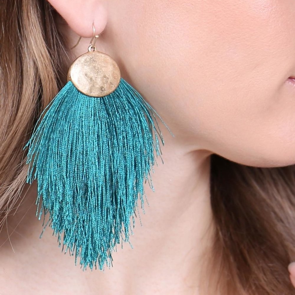 Teal Oversized Boho Thread Tassel Drop Earrings
